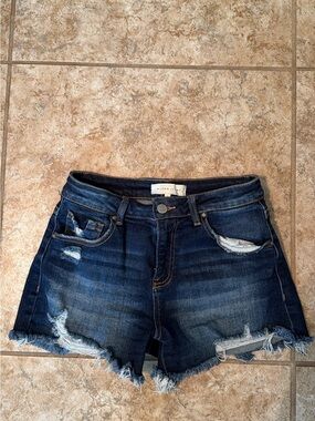 High-Rise Distressed Dark Blue Denim Shorts for Women